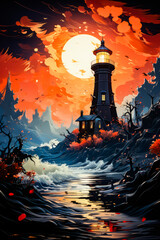 Wall Mural - Image of lighthouse in the middle of body of water.