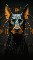 Poster - Black and brown dog with yellow eyes looking at the camera.