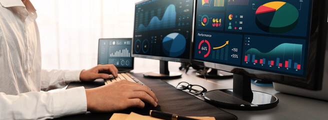 Poster - analyst working on data analysis or bi dashboard on computer monitor. businessman analyzing financia