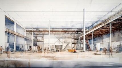 Architectural drawing of a large modern warehouse, unfinished sketch, rough watercolor.