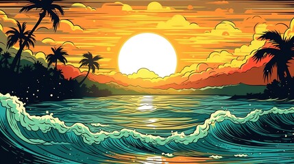 Sticker - Tropical beach sunset. Fantasy concept , Illustration painting.