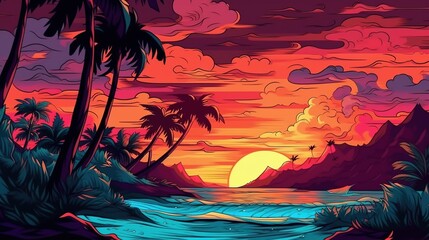 Sticker - Tropical beach sunset. Fantasy concept , Illustration painting.