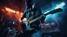 In Video Game Style, Musician Holding Guitar Is Playing Music, Concert Stage Background.