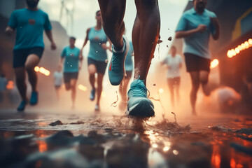 Poster - Group of people running in race on wet road.