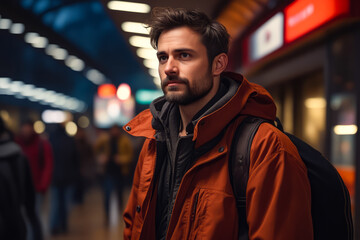 Wall Mural - Man with beard and backpack standing in subway station.