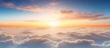 Bird S Eye View Of Dynamic Sunset Over Thick White Clouds With Far Off Mountains On The Horizon With Copyspace For Text