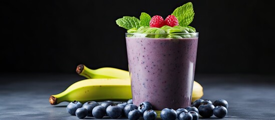 Wall Mural - Close up of a healthy blueberry banana and spinach smoothie or milkshake garnished with fresh fruits and berries With copyspace for text