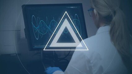 Poster - Animation of spinning white traingle over caucasian female scientist in laboratory