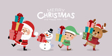 Merry Christmas And Happy New Year Greeting Card With Cute Santa Claus, Little Elf, Snowman And Deer. Holiday Cartoon Character In Winter Season. -Vector