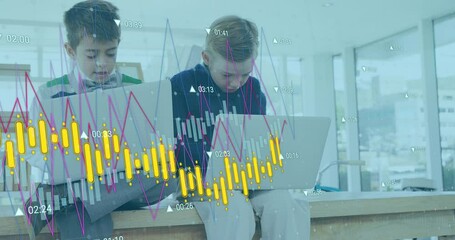 Poster - Animation of financial data processing over caucasian schoolchildren with laptop