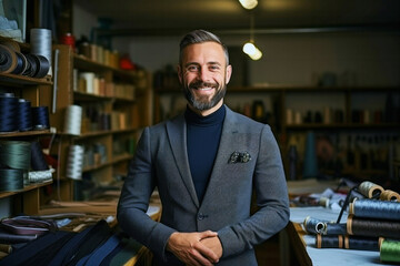 Portrait of a handsome bearded confident adult man trying on a men's suit in the clothing atelier