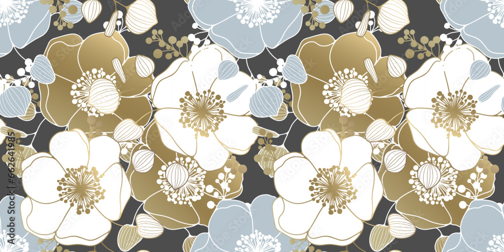 Luxury floral seamless pattern with gold, white and blue flowers ...
