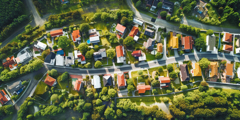 Family colorful houses in neighborhood with green trees, Aerial View