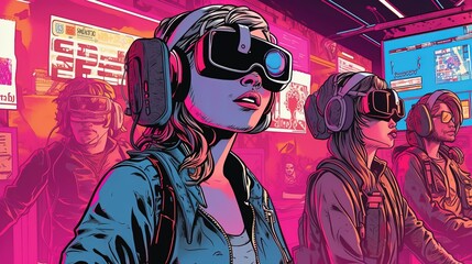 Wall Mural - Cyberpunk teens wearing virtual reality glasses playing in a computer club in the metaverse. Fantasy concept , Illustration painting.