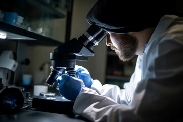 Poster - Student microscope test. Person work experiment clinic lab. Generate Ai