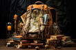 Explorer's backpack with accessories in the room, Backpack, map and compass for camping tourism,  a traveler set, concept. AI Generative.