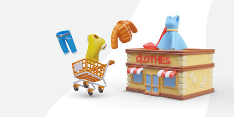 Wall Mural - Clothing and shoe store. 3D house with realistic items of men and women clothing, shopping cart. Color advertising concept. Template for promotions, holiday discounts