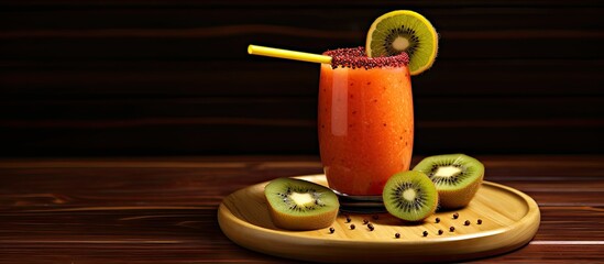 Sticker - A vibrant cocktail smoothie with a metal straw lime and kiwi on a wooden surface With copyspace for text