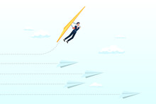 Businessman Flying On Glider In Growth Direction To Win The Challenge, Innovative Way To Win Business Competition, Think Difference,  Choose Our Own Winning Direction, Ambition And Creativity (Vector)