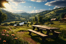 Picnic Table And Benches On A Meadow In The Countryside Hill