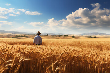 A satisfied farmer stands in a large field filled with bountiful crops, a sign of a successful and hardworking agricultural season