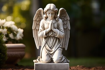 Angel statue with white roses in the cemetery.Religious background
