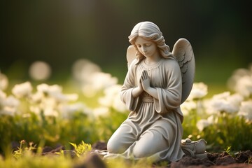 Angel statue with white roses in the cemetery.Religious background
