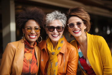 Wall Mural - Happy multiracial trendy mature women having fun together outdoor at city street. Friendship lifestyle concept