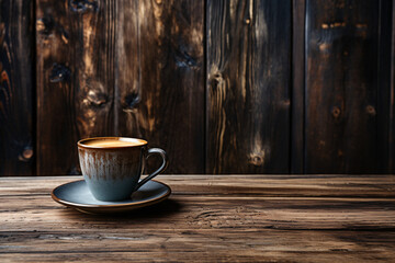 Wall Mural - Coffee cup on wooden table with surrounding wood grain and texture. Dark brown wooden wall background