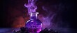 Magic potion in violet bottle emitting purple smoke brewed by witches With copyspace for text