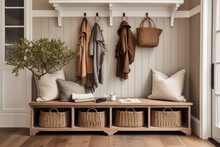 Scandinavian Entrance Of The Home With Functional Hooks For Coats, A Wooden Bench For Sitting, A Mirror For Last-minute Checks, And Baskets For Storing Shoes