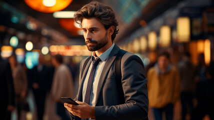 Wall Mural - Un joven y elegante hombre de negocios la estación esperando el transporte mientras utiliza su teléfono.