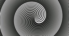4k Retro Seamless Looping Spiral Background. Optical Illusion. Modern Black White Striped Pattern. Circular Swirl Geometric Tunnel Monochrome Hypnotic Psychedelic Vintage BG. 60s 70s Rotation Template