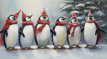 A Cheerful Design Featuring A Choir Of Singing Penguins Dressed In Santa Hats And Scarves