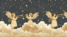 A Repeating Pattern Of Joyful Angels Playing Trumpets And Singing Carols Amidst Golden Clouds