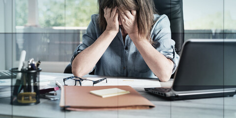 Wall Mural - Portrait of overworked businesswoman, geometric pattern