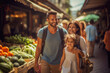 © Microgen - Family explores local market. Quality time exploring a vibrant market, filled with fresh produce stands and handmade goods