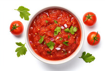 Sauce Salsa In Bowl On White Background, Top View