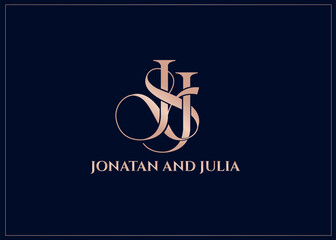 Wall Mural - Initial letter J&J JJ luxury art vector logo sign, rose gold color on dark background