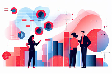 Poster - Business people working together in front of background with graphs and charts