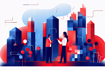 Poster - Business people discussing work in front of colourful cityscape