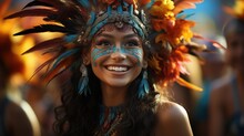 Bright And Colorful Traditional Philippine Festival. Filipino Girl With Ethnic Makeup And A Bright Feather Headdress