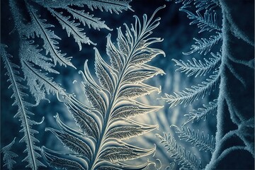 Poster - Frozen pattern on the window. Frosted glass in amazing elements. Winter crystal background texture. 3D render. AI generated.