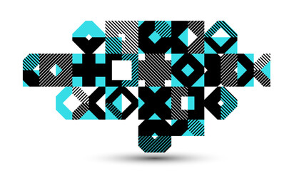 Poster - Abstract geometric stripy vector background isolated, linear shapes of circles and triangles pattern composition, creative art abstraction.