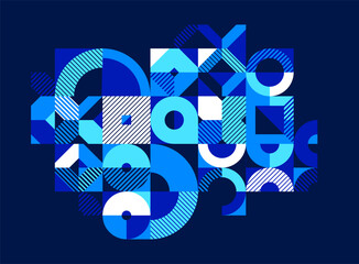 Poster - Abstract geometric stripy vector background over dark, linear shapes of circles and triangles pattern composition, creative art abstraction.
