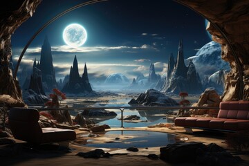 Wall Mural - alien landscape, fantasy planet, night sky with stars on background. Generative AI