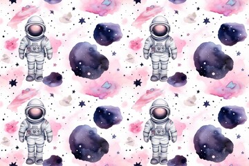 Wall Mural - seamless pattern of watercolor outer cosmos space with astronaut