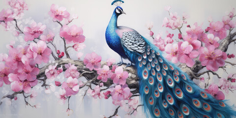 Wall Mural - painting of glowing peacocks sitting on a glowing pink blossom tree