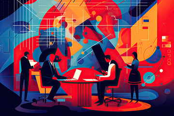 Poster - Flat vector illustration of business people working in the office with colourful details in the background