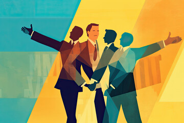 Wall Mural - Business team holding hands in front of different coloured background